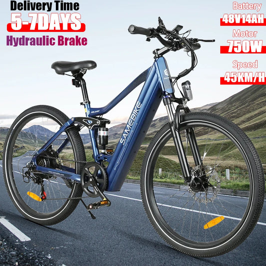 New 750W Mountain Electric Bike 48V 14AH Battery, 26-Inch Tires, Full Suspension System, LED LCD