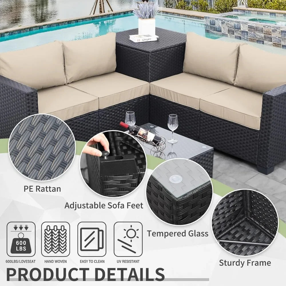 4 Piece Black Rattan Sectional Sofa