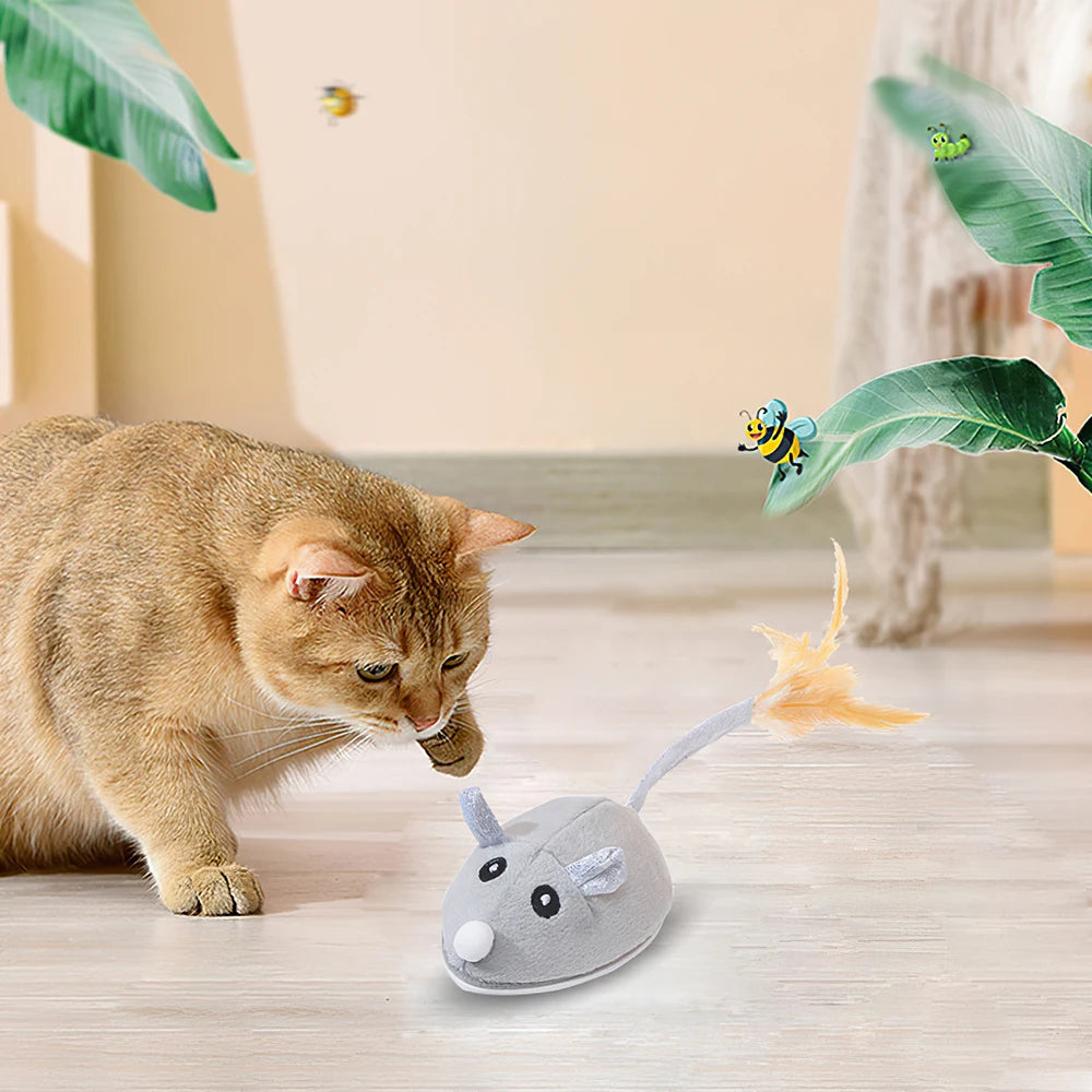 Rechargeable Automatic Interactive Plush Mouse Kitten Teaser With Feather