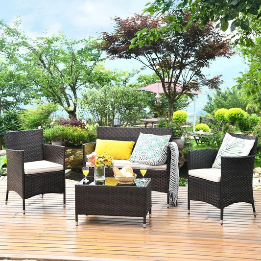 Wicker Furniture Set with Tempered Glass Coffee Table