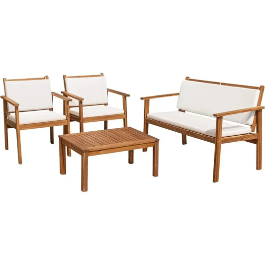 4 Piece Outdoor Acacia Wood Patio Conversation Sofa