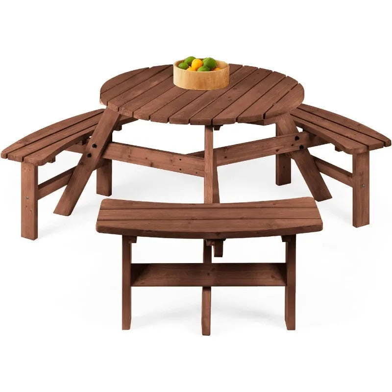 6-Person Circular Outdoor Wooden Picnic Table f