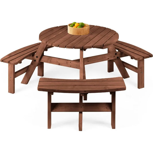 6-Person Circular Outdoor Wooden Picnic Table f