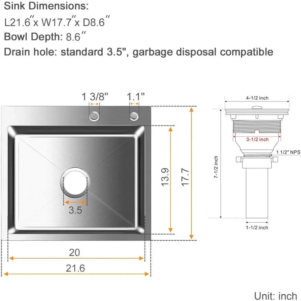 Kitchen Sink With Drain Assembly (No Faucet)