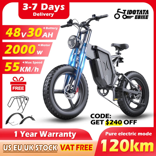 Electric Bike 2000W 48V 30AH Battery With Front And Rear Shock Absorber