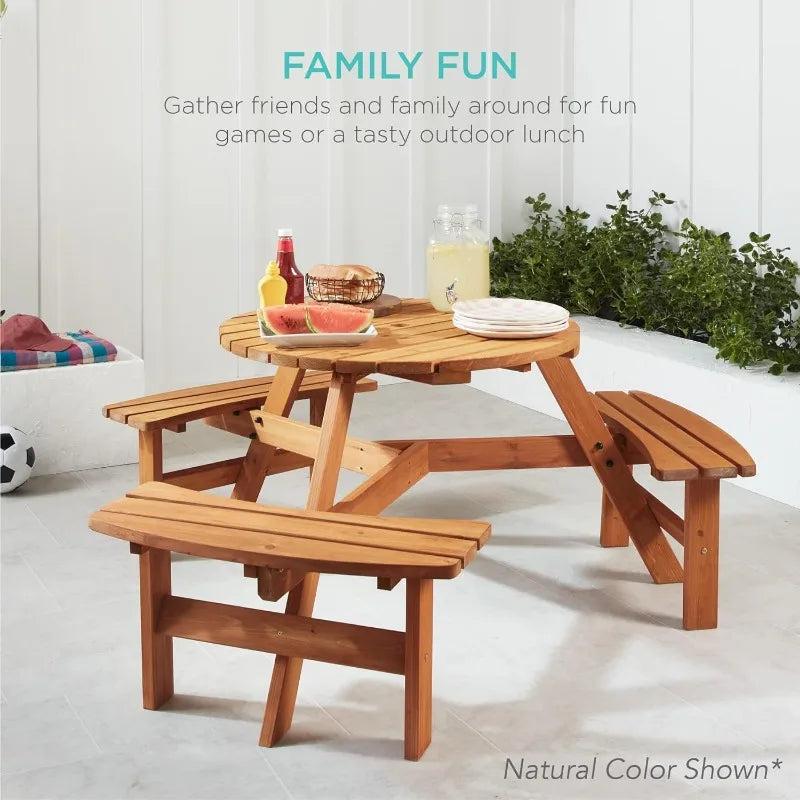 6-Person Circular Outdoor Wooden Picnic Table f