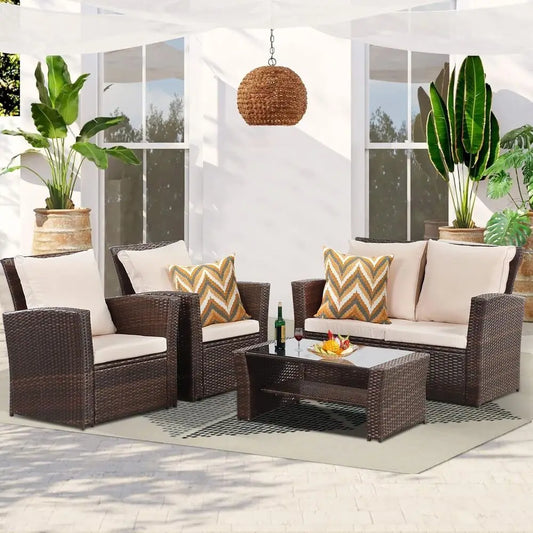 Wicker Sectional Sofa Chair w/ Cushion & Coffee Table