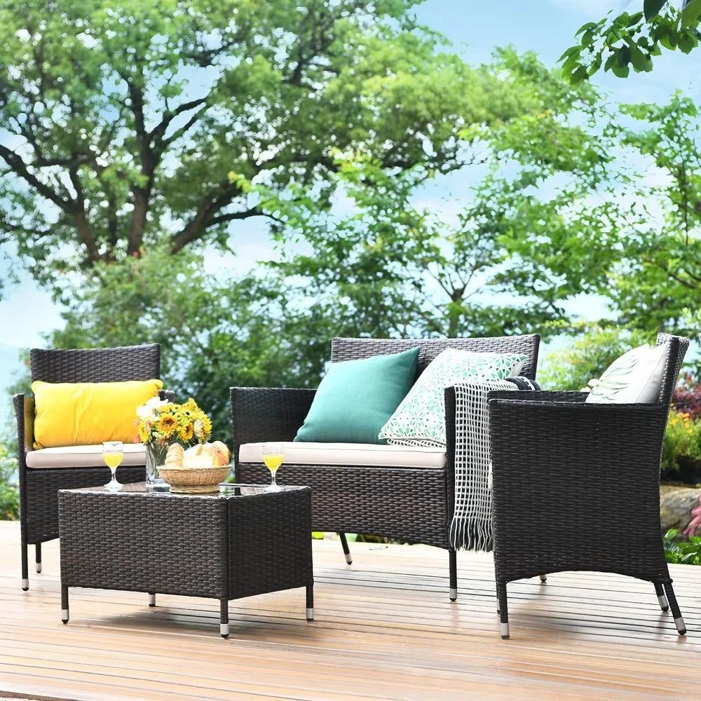 Wicker Furniture Set with Tempered Glass Coffee Table