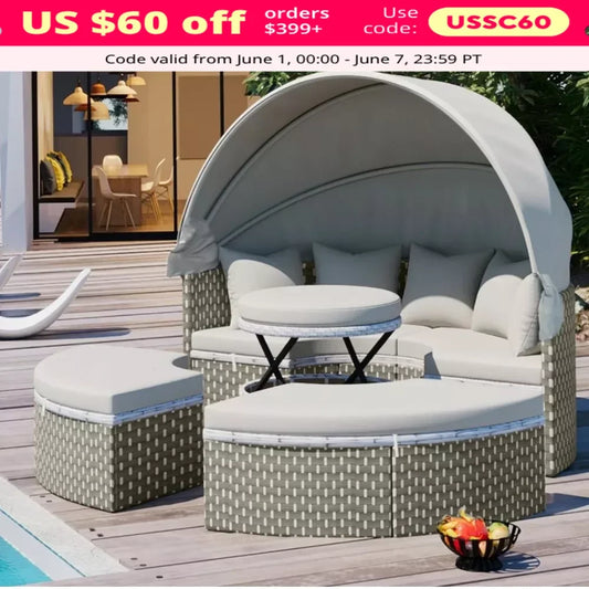 Patio Daybed Sunbed, Rattan Round Lounge with Retractable Canopy