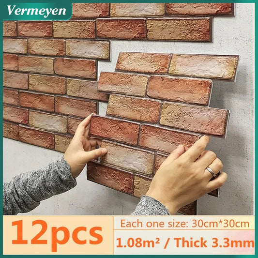 12pcs 3D Brick Self-Adhesive Wall Sticker