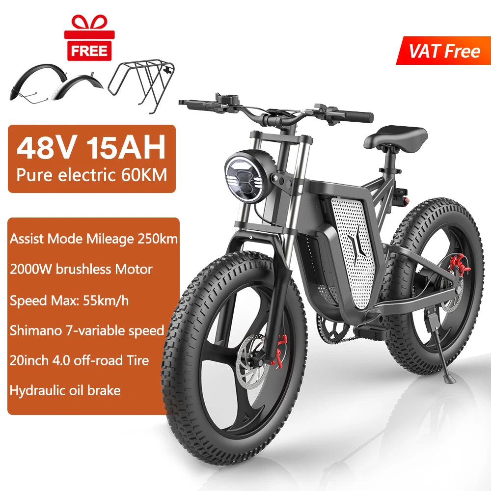 Electric Bike 2000W 48V 30AH Battery With Front And Rear Shock Absorber